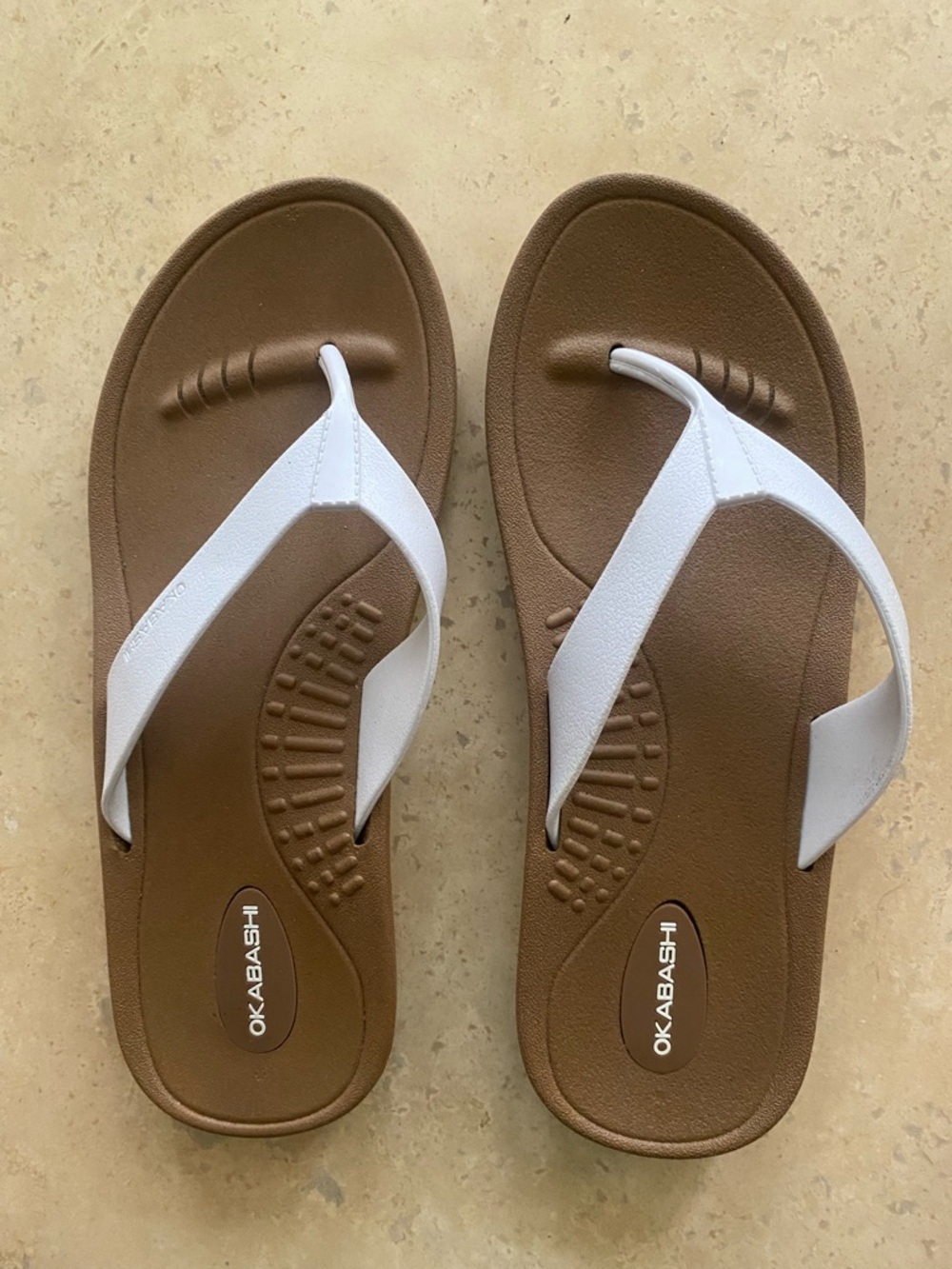 Okabashi White Flip Flops with brown footbed
